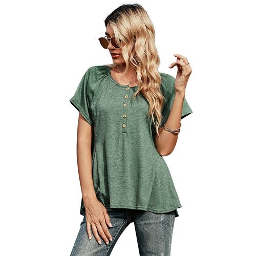 Women's Round Neck Button Loose Short Sleeve Shirt