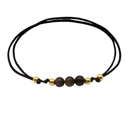 Bracelet pierre gemme obsidienne dorée, argent 925 plaqué or 24k, Ø 4mm, fermoir perle