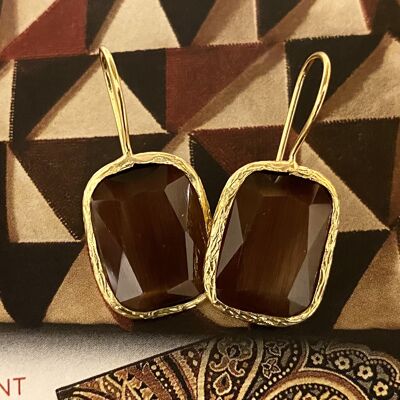 Earrings brown cateye stone square