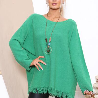 Green frayed edge top with necklace