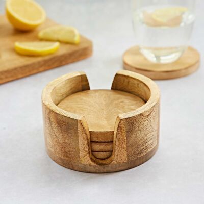 Set of 4 Natural Mango Wood Coasters with Holder