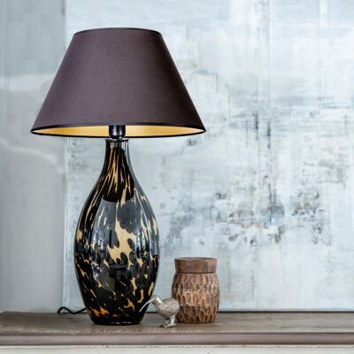 Brown spotted glass table lamp with black fabric lampshade