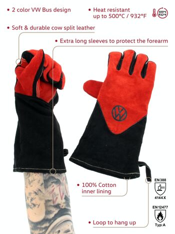 VOLKSWAGEN VW T1 Combi gants pour barbecue (paire) en boîte cadeau - cuir de vache/rouge & noir 9