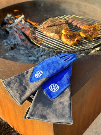 VOLKSWAGEN VW T1 Combi gants pour barbecue (paire) en boîte cadeau - cuir de vache/bleu & gris 2