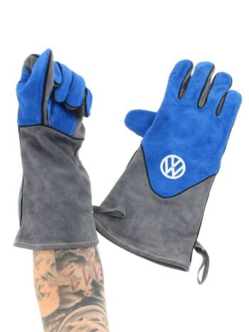 VOLKSWAGEN VW T1 Combi gants pour barbecue (paire) en boîte cadeau - cuir de vache/bleu & gris 3