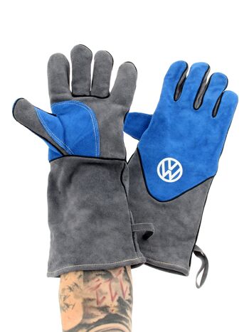 VOLKSWAGEN VW T1 Combi gants pour barbecue (paire) en boîte cadeau - cuir de vache/bleu & gris 4