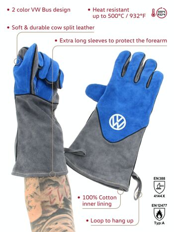 VOLKSWAGEN VW T1 Combi gants pour barbecue (paire) en boîte cadeau - cuir de vache/bleu & gris 10