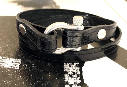 Bracelet Hermes style, black leather stainless steel clasp