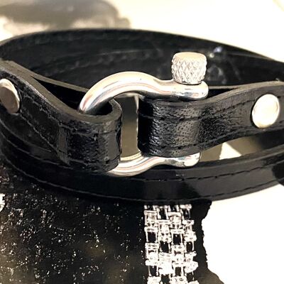 Bracelet Hermes style, black leather stainless steel clasp