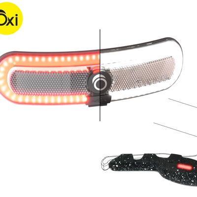 Starter PACK OxiBrake che include un'illuminazione anteriore/posteriore OxiLum rimovibile e un sensore di frenata OxiBrake
