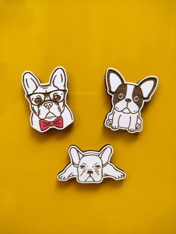 Ensemble de 3 aimants de réfrigérateur en bois, race de chien, bouledogue français, animal de compagnie, aimant super néodyme, décor de cuisine, cadeau personnalisé 1