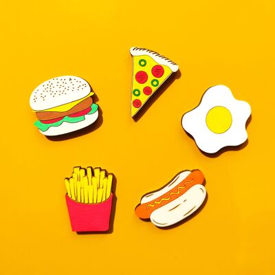 Set mit 5 Holz-Kühlschrankmagneten für Fast Food, Pommes Frites, Burger, Pizza, Hot Dog, Spiegelei, Küchendekoration, personalisiertes Geschenk