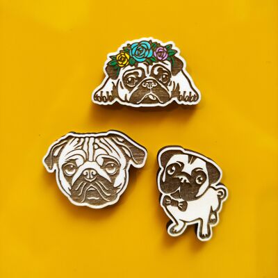 Juego de 3 imanes de nevera de madera, raza de perro, Pug, mascota, imán de neodimio súper, decoración de cocina, regalo personalizado