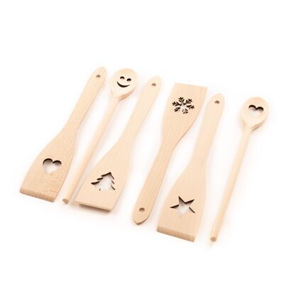 Tuuli Kitchen - Set di 6 utensili da cucina in legno con motivo (cucchiai da cucina, spatole)