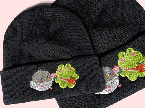 PREORDER Blooming Together | Embroidered Black Beanie | Cute Frog Hat