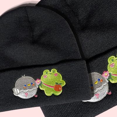 PREORDER Blooming Together | Embroidered Black Beanie | Cute Frog Hat