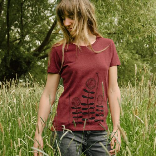 Bio Damen T-Shirt Waldblumen in heather neppy burgundy