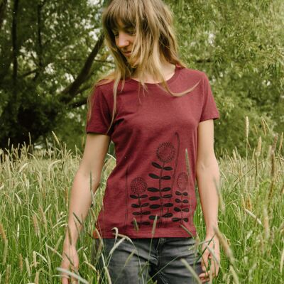 Camiseta de mujer orgánica flores del bosque en burdeos jaspeado neppy