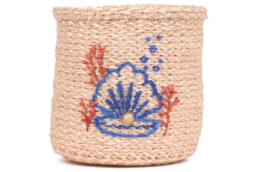 SHELL: Seashell and Coral Embroidered Woven Storage Basket