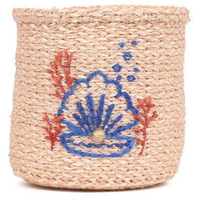 SHELL: Seashell and Coral Embroidered Woven Storage Basket