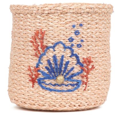 SHELL: Seashell and Coral Embroidered Woven Storage Basket