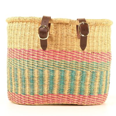 APANA: Handcrafted Pink and Turquoise Stripe Oblong Bike Basket