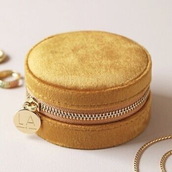 Boîte à bijoux ronde en velours moutarde avec doublure florale 1