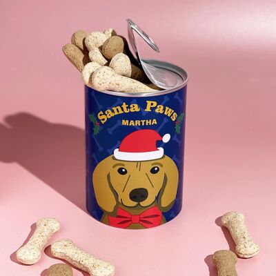 Regalo de lata de golosinas navideñas personalizadas para perros