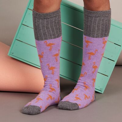 Chaussettes pour bottes en laine d'agneau pour femmes flamants roses - lilas