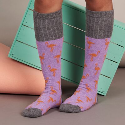 Women's Lambswool Boot Socks flamingos - lilac