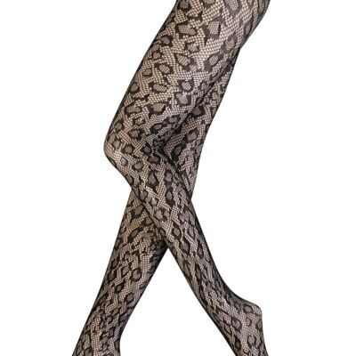 TEMPTATION Collant résille noir imprimé léopard pour femme. Taille M-L