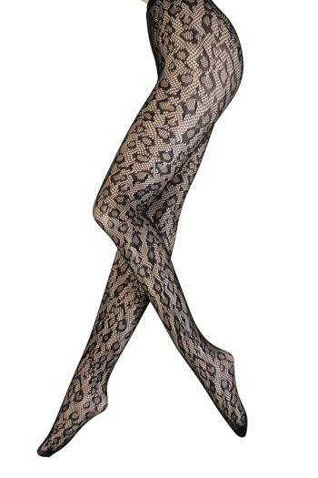 TEMPTATION Collant résille noir imprimé léopard pour femme. Taille M-L 1