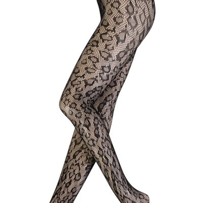 TEMPTATION Collant résille noir imprimé léopard pour femme. Taille M-L