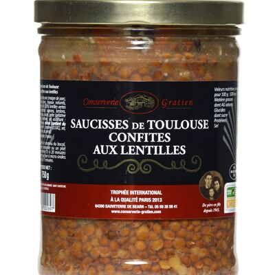 Saucisses de Toulouse confites aux lentilles, conserverie GRATIEN, le bocal de 750g