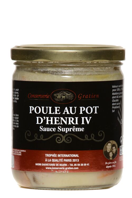 Poule au pot Henri IV cuisinée sauce suprême, conserverie GRATIEN, le bocal de 360g