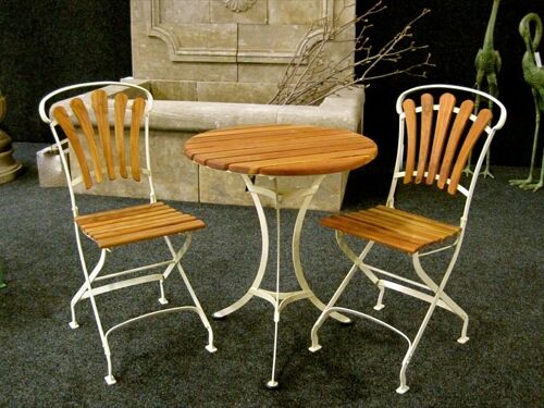 Bezaubernde Gartenmöbel, 2 Stühle klappbar+1 Tisch Metall mit Teakholz, D 60cm