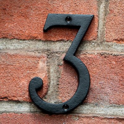 Stilvolle Hausnummer "3" aus schwarz lackiertem Eisen Zeiloses Design