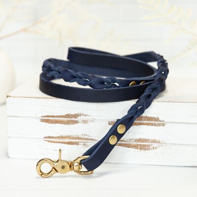 Dog leash "IHSY", handmade, blue, genuine leather, length 120 cm, 4 carabiner colors