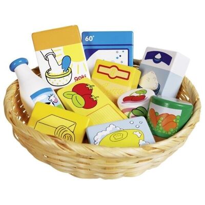 Tienda de juguetes Miniaturas en una cesta - Alimentos y artículos para el hogar