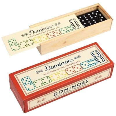 Holzkiste mit Dominosteinen