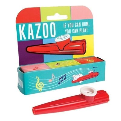 Giocattolo kazoo rosso in una scatola