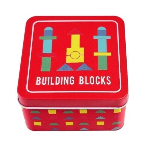 Wooden building blocks in a tin