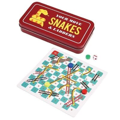 Travel snakes and ladders game in a tin