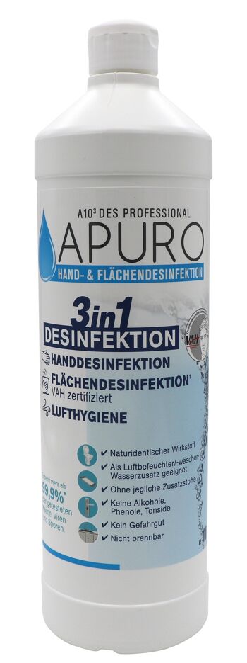 Désinfection des mains Apuro & désinfection des surfaces 3 en 1, Dermatest très bon, 1L 1