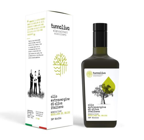 Olio EVO Tunnaliva - Olio Extra Vergine di Oliva Italiano - 100% Nocellara del Belice - IGP Sicilia - Bottiglia 500 mL con Astuccio