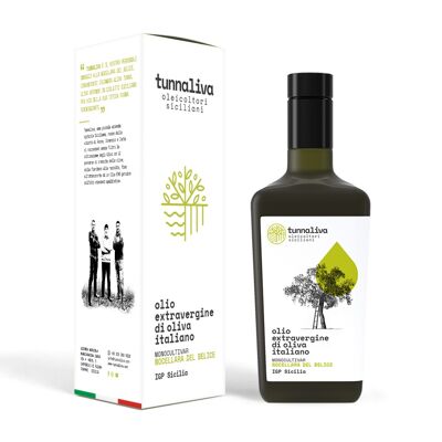 Olio EVO Tunnaliva - Olio Extra Vergine di Oliva Italiano - 100% Nocellara del Belice - IGP Sicilia - Bottiglia 500 mL con Astuccio