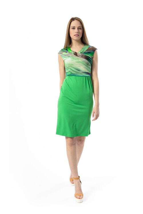 Faux Wrap Print Dress in Green