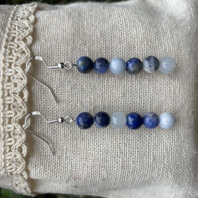 Boucles d'oreilles pendantes "Triple Protection" Sodalite, Lapis Lazuli et Aigue Marine