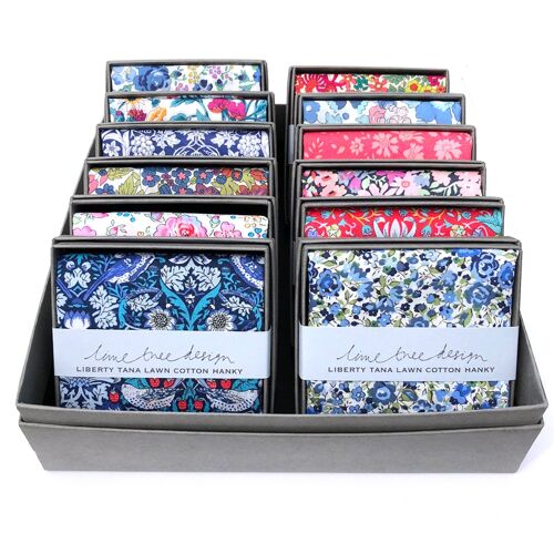 12 Single Boxed Hankies made with Liberty Fabric in Display Box