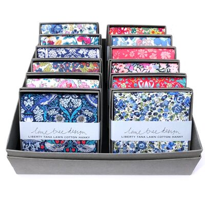 12 Single Boxed Hankies made with Liberty Fabric in Display Box